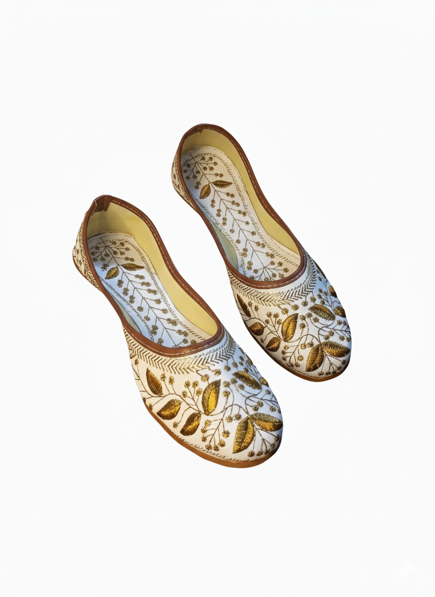 Handcrafted White & Golden Embroidered Punjabi Jutti