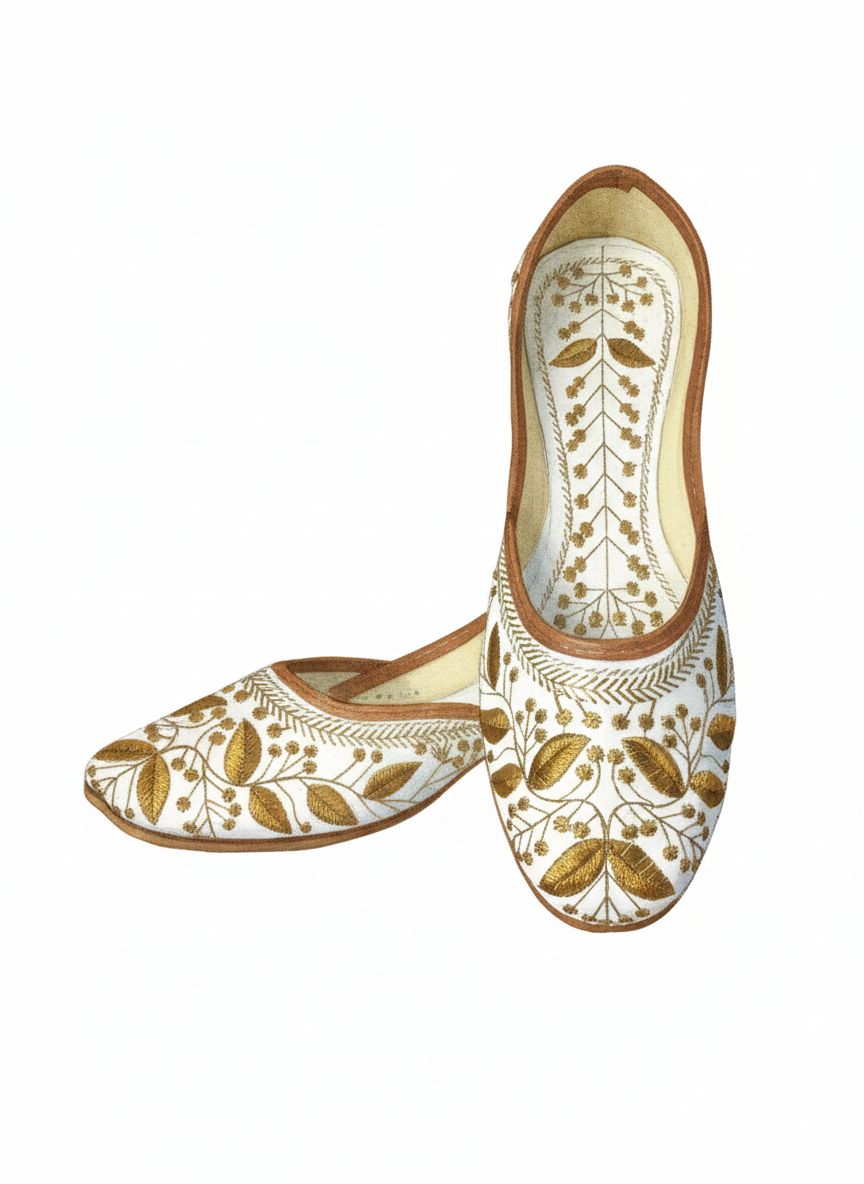 Handcrafted White & Golden Embroidered Punjabi Jutti